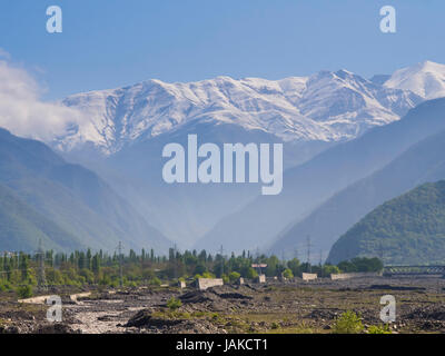 From the M5 road in northern Azerbaijan between Sheki ane Balakan, you have stunning views of the High Caucasus mountains and deep river valleys Stock Photo