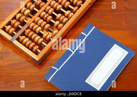 Chinese book , abacus and writing brush on the table Stock Photo