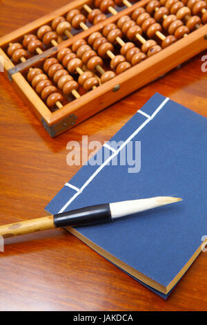 Chinese book , abacus and writing brush Stock Photo