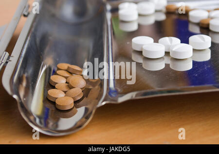 Close up of Counting tablets medical pills on stainless steel tray.(Health care and medical concept) Stock Photo