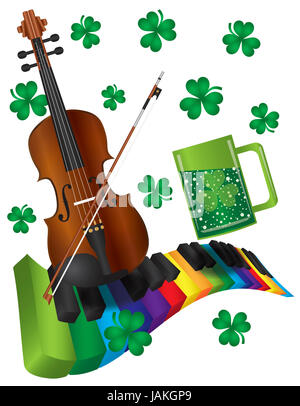 St Patricks Day with Rainbow Colors Piano Wavy Keyboard Violin Shamrock and Green Beer Isolated on White Background Illustration Stock Photo