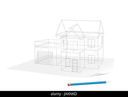 Abstract transparent house sketch drawing with pen on white background Stock Photo