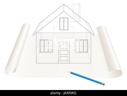 Abstract transparent house sketch drawing with pen on a paper roll Stock Photo