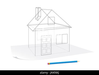 Abstract transparent house sketch drawing with pen on a paper Stock Photo