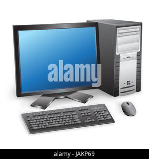The modern desktop black computer with monitor, keyboard and mouse on the white background Stock Photo