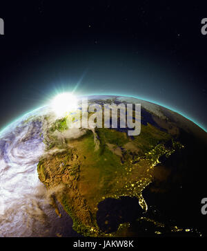 Sun rising above North America on planet Earth as seen from space. 3D ...