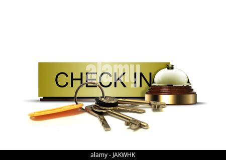 Check In Sign with Call Bell and Bunch of Keys Stock Photo
