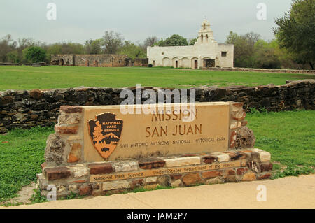 Mission San Juan, pictured here, represents one of five historic missions built during Spanish colonial rule, the most famous of which is the Alamo Stock Photo