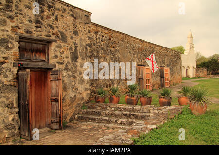 Mission San Juan, pictured here, represents one of five historic missions built during Spanish colonial rule, the most famous of which is the Alamo Stock Photo