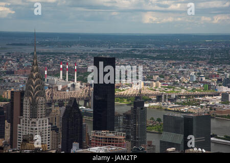 New York, United States  – May 26, 2017: Sky view of Manhattan. In detail Trump Tower, Chrysler Building and Queensboro Bridge. Stock Photo