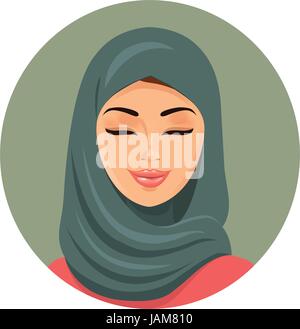 Beautiful muslim arab woman portrait in green hijab closing her eyes vector flat icon avatar. Stock Vector