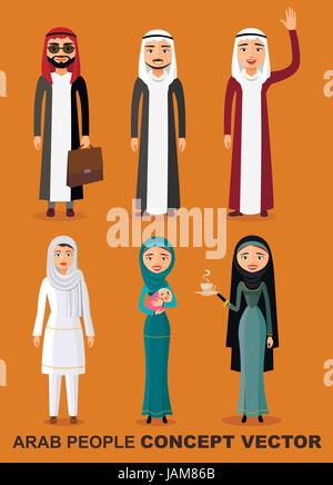 Saudi arab people characters stand set in flat style isolated on white background. Different arabic man and woman smiling characters in traditional cl Stock Vector