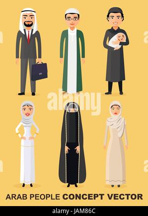 Family concept. Set of cartoon different arab people in flat style. Muslim people.Saudi arab people characters stand set in flat style Stock Vector