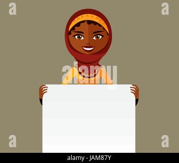 Cute arab muslim woman holding board flat cartoon vector illustration solated on background Stock Vector