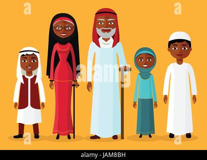 Arab grandson, granddaughter, grandmother and grandfather standing together and smile. Muslim family cartoon character vector illustration. Stock Vector