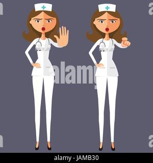 Angry doctor woman showing stop gesture with hand nurse lady motivation vector flat cartoon illustration. Stock Vector