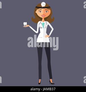The dentist is presenting a tooth vector flat cartoon illustration. Stock Vector