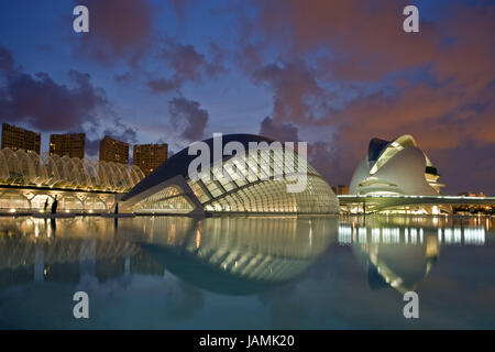 Spain,Valencia,Science centre,'town of the arts and the sciences',evening,Europe,Catalonia,town,building,L'Hemisfèric,IMAX-3D cinema,planetarium,cinema,3D-cinema,Laserium,event centre,entertainment,structure,architecture,modern,exhibit centre,opera-house,opera,music palace,L'Umbracle,water cymbal,water,outside,light,mirroring,dusk,dusk, Stock Photo