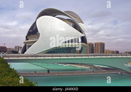 Spain,Valencia,Science centre,'town of the arts and the sciences',Europe,Catalonia,town,building,museum,exhibit centre,event centre,structure,architecture,modern,opera,opera-house,music palace,outside,water,water cymbal,way,bridge,passer-by, Stock Photo