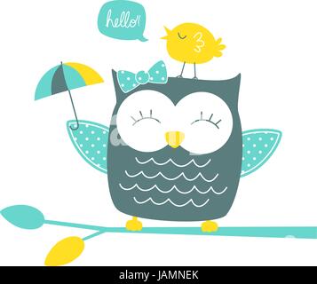 cute happy owl and singing canary on branch isolated on white background Stock Vector