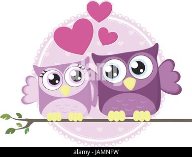 cute couple of loving owls isolated on white background Stock Vector