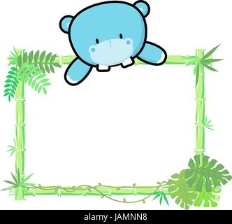 cute baby hippo on blank board with bamboo frame isolated on white background Stock Vector