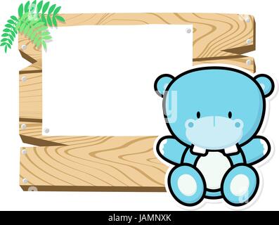 illustration of cute baby hippo on wooden board with blank sign isolated on white background Stock Vector