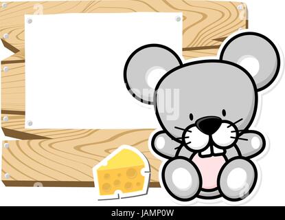 illustration of cute baby mouse on wooden board with blank sign isolated on white background Stock Vector