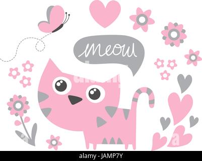 little cat and butterfly with balloon text and flowers isolated on white background Stock Vector