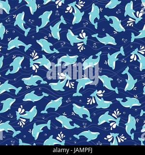 Vector seamless pattern with dolphins with splash and bubbles on dark blue background. Perfect for wallpaper, wrapping paper or kids decoration theme Stock Vector