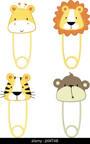 cute baby safari animals safety pins isolated on white background, vector format very easy to edit, individual objects Stock Vector