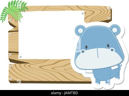 illustration of cute baby hippo with wooden blank board isolated on white background Stock Vector