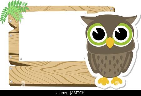 illustration of cute baby owl with wooden blank board isolated on white background Stock Vector