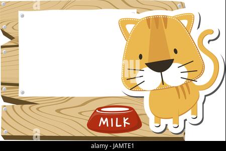 illustration of cute kitten with wooden blank board isolated on white background Stock Vector