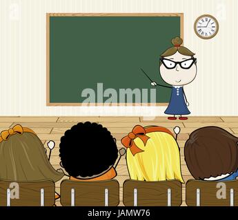 cartoon illustration of teacher and students in classroom Stock Vector