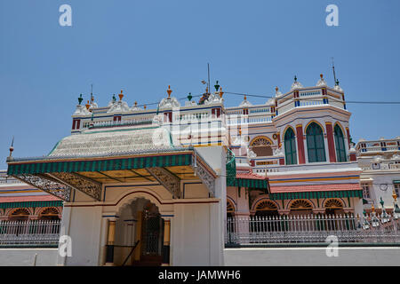 Facade of the Chettinad palace also called raja's palace, village of Karaikudi also called Kanadukathan, State of Tamil Nadu, Iindia Stock Photo