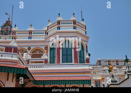 Facade of the Chettinad palace also called raja's palace, village of Karaikudi also called Kanadukathan, State of Tamil Nadu, Iindia Stock Photo