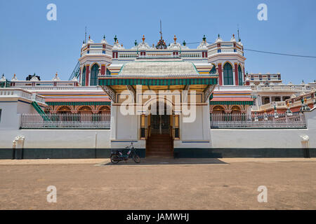 Facade of the Chettinad palace also called raja's palace, village of Karaikudi also called Kanadukathan, State of Tamil Nadu, Iindia Stock Photo