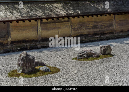 Karesansui, raked rock garden, Ryoanji temple. Typical japanese zen garden. Stock Photo