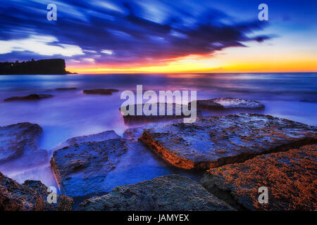 Dark blue hour sunrise over sea horizon at Avalon beach rocks with alga of Sydney Northern beaches. Stock Photo