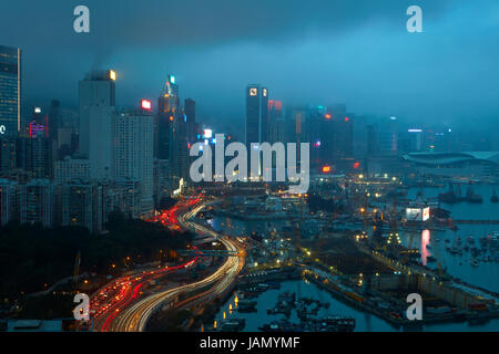 Island Eastern Corridor Motorway, Causeway Bay, and high-rises of Wan Chai and Central, Hong Kong, China Stock Photo