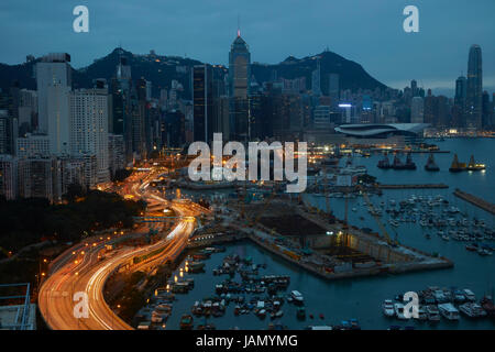 Island Eastern Corridor Motorway, Causeway Bay, and high-rises of Wan Chai and Central, Hong Kong, China Stock Photo