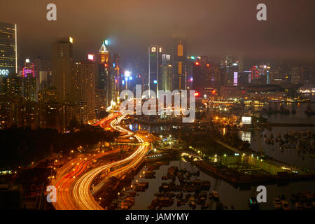 Island Eastern Corridor Motorway, Causeway Bay, and high-rises of Wan Chai and Central, Hong Kong, China Stock Photo