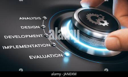 Hand turning ADDIE button to the evaluation phase. Composite image between a hand photography and a 3D background. Stock Photo