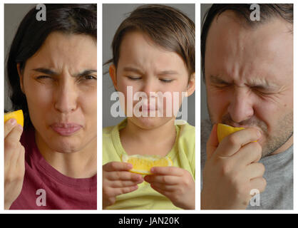 Collage with family eating lemon and making faces Stock Photo