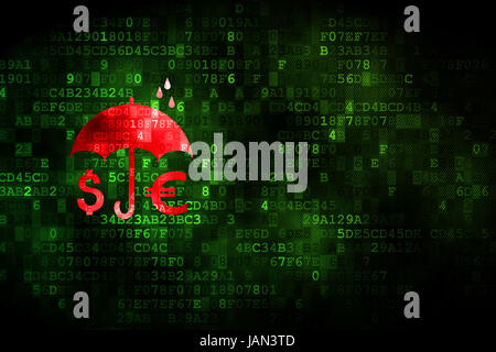 Protection concept: pixelated Money And Umbrella icon on digital background, empty copyspace for card, text, advertising Stock Photo