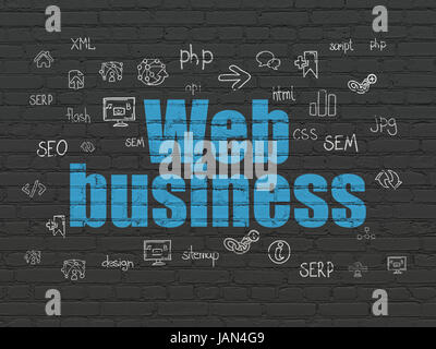 Web development concept: Painted blue text Web Business on Black Brick wall background with  Hand Drawn Site Development Icons Stock Photo