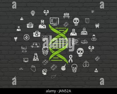 Healthcare concept: Painted green DNA icon on Black Brick wall background with  Hand Drawn Medicine Icons Stock Photo