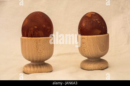 Hard boiled eggs with decorative pattern created by boiling the eggs wrapped in onion skins Stock Photo