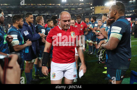 British and Irish Lions' Rory Best and team mates after defeat to the Blues in the tour match at Eden Park, Auckland. Stock Photo